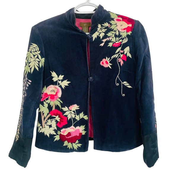 Anthropologie Jackets & Blazers - FEI Anthropologie Navy Velvet Embroidered Floral Jacket Mandarin Collar Womens 2